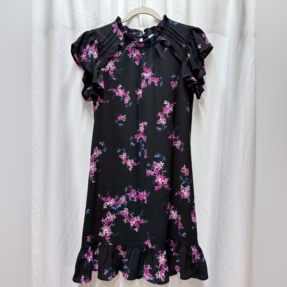 CeCe black shift dress with a pink and purple floral design women’s XS